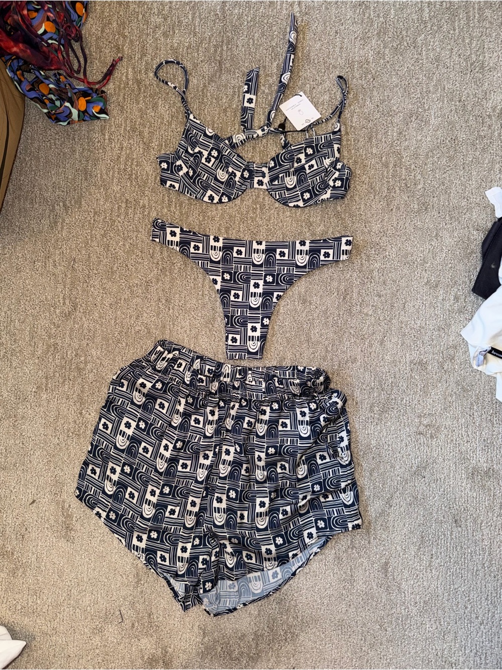 Skatie Navy & White Geometric Three-Piece Swim Set